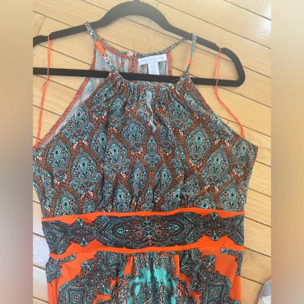 London Times Size 12 Medallion Sleeveless Halter Maxi Dress Orange and Blue NWOT